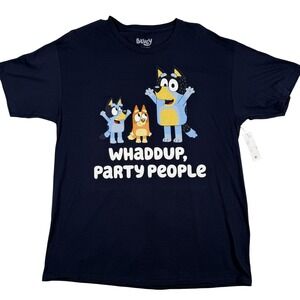 Bluey Shirt Mens Large Navy Whaddup Party People Graphic Cartoon T Shirt Tee